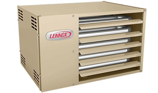 Lennox HVAC heating unit with multiple heat exchange tubes, beige metal casing, and ventilation slots, used for climate control in residential or commercial buildings.
