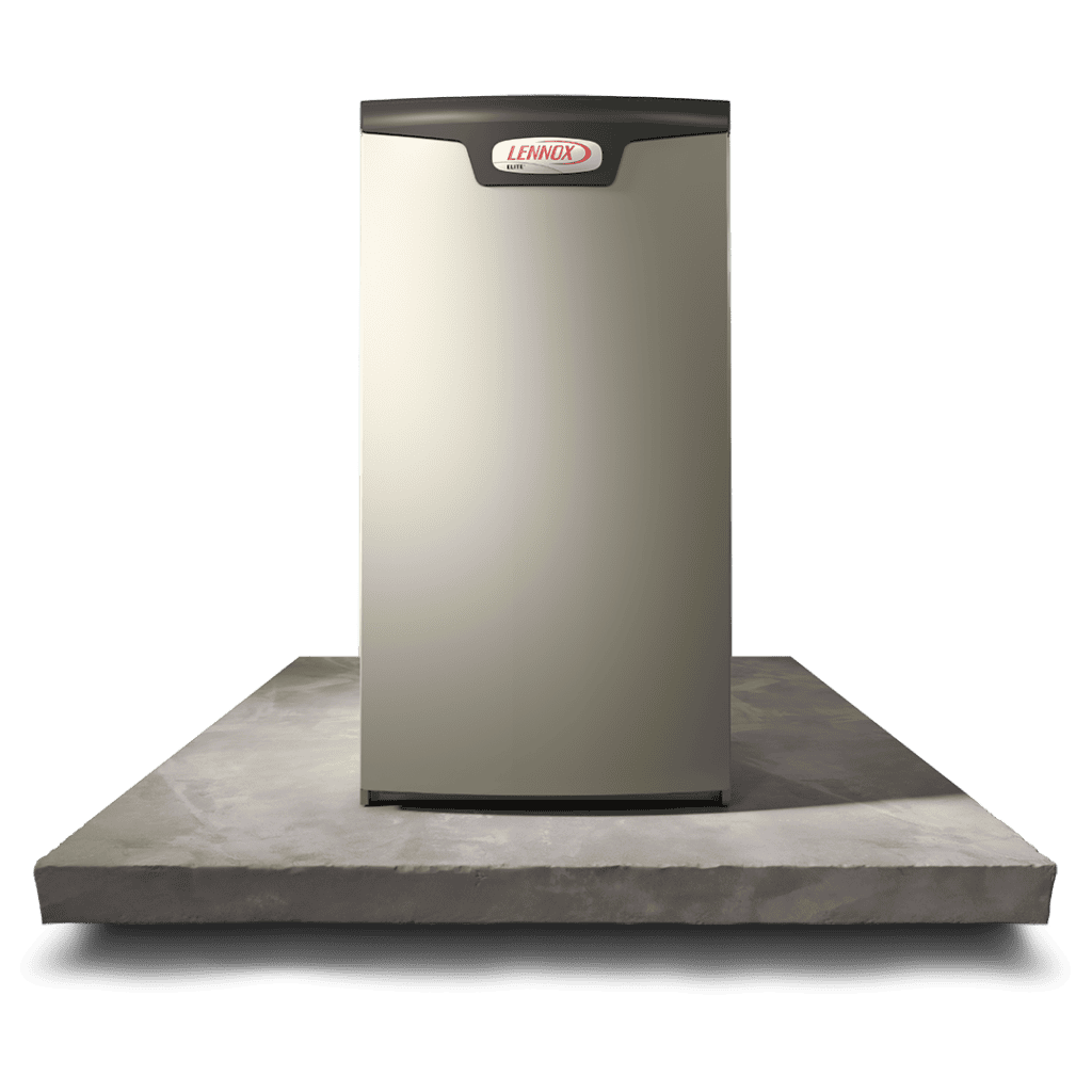 Lennox furnace standing on a concrete platform, used for heating and air conditioning in residential or commercial buildings.