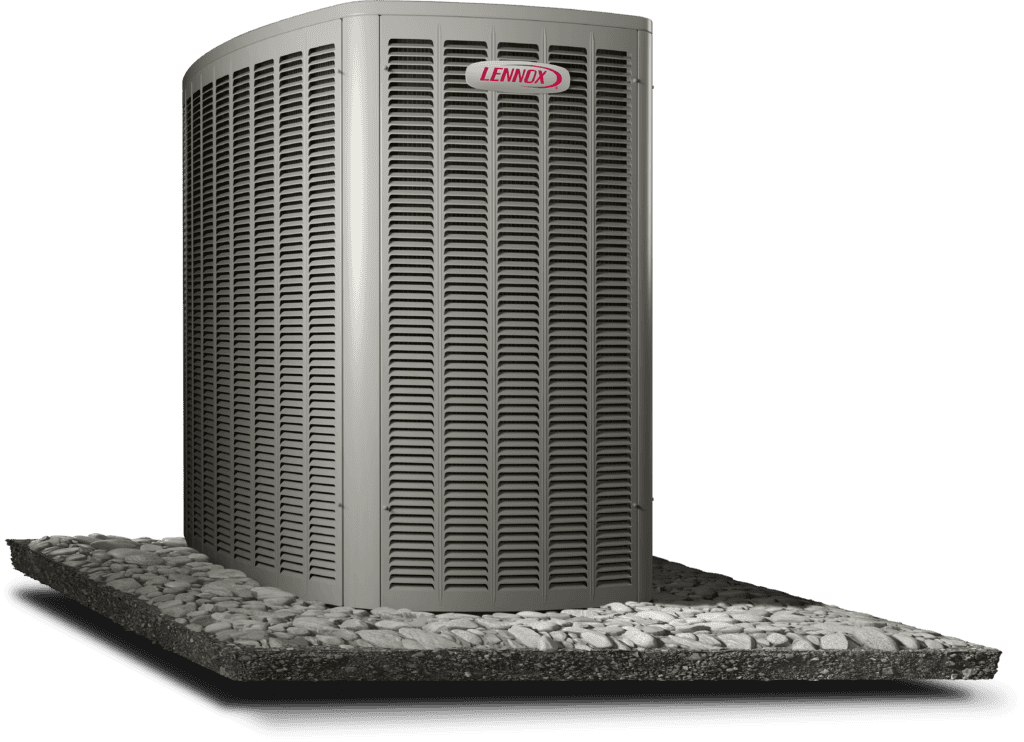 Lennox outdoor HVAC unit installed on a concrete pad, part of residential air conditioning system.